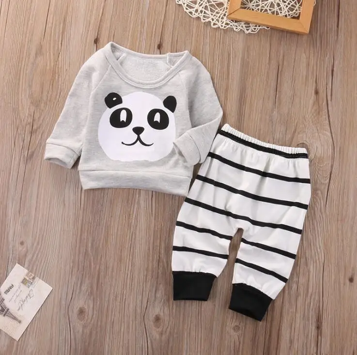 Ins AliExpress Kids Children's Panda Striped Long Sleeve Set Girls' Navy T-shirt Haren Pants Two-piece | Детская одежда и
