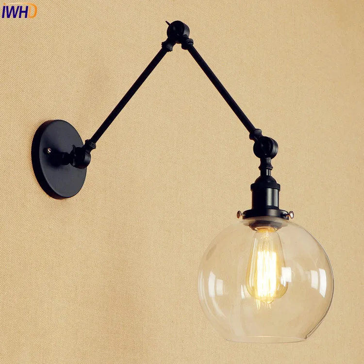 Goedkoop IWHD Zwart Retro Antieke Wandlampen Armaturen Glazen Bal Stijl Loft Industriële Edison Verstelbare Arm Wandlamp LED Trap Licht