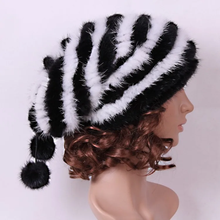 women's fur hat natural mink fur knitted cap with fur ball ,autumn winter warm baggy HA105