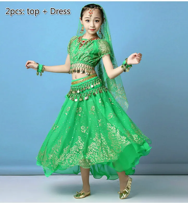 2pcs green Детские костюмы танец живота для индийских танцев Болливудский костюм сцены модная одежда для девочек живота платье для танцев комплект индийская одежда - Цвет: 2pcs green