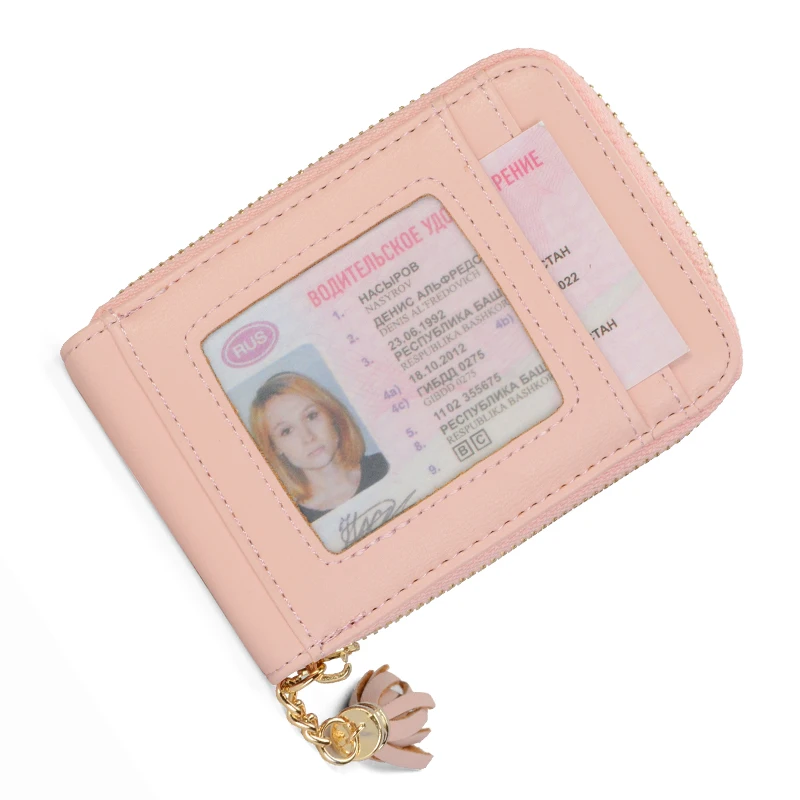 RFID кошелек держатель для карт женский кожаный маленький на молнии с кисточками