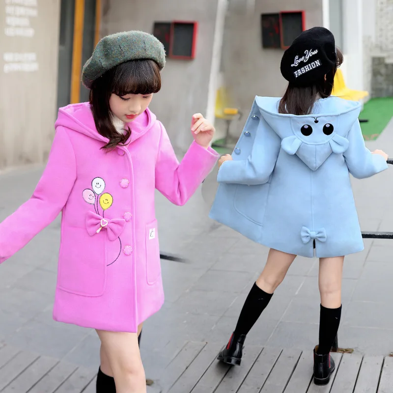 Girls woolen Coat 2019 New Fashion Hooded Cute Bow Autumn and Winter Thick Children's Woolen Rose Red Light Blue | Детская одежда и