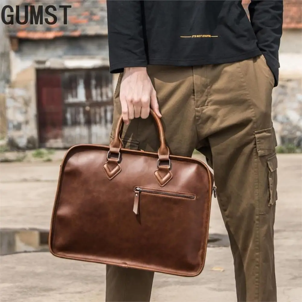 

Портфель GUMST Crazy Horse мужской из искусственной кожи, винтажный большой чемоданчик для ноутбука 14 дюймов, модная коричневая сумка-мессенджер на плечо