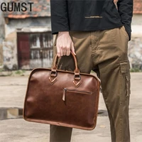 gumst crazy horse pu leather men briefcase vintage 14 inch big business laptop handbag fashion brown messenger shoulder bag man