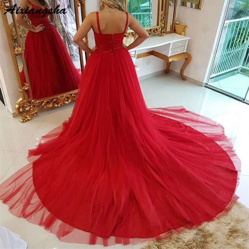 

Red Evening Dresses Long Beaded Zipper Back Party Gown Court Train Sudi Arabia Plus Size Tulle A Line Prom Dress Jurk Lang
