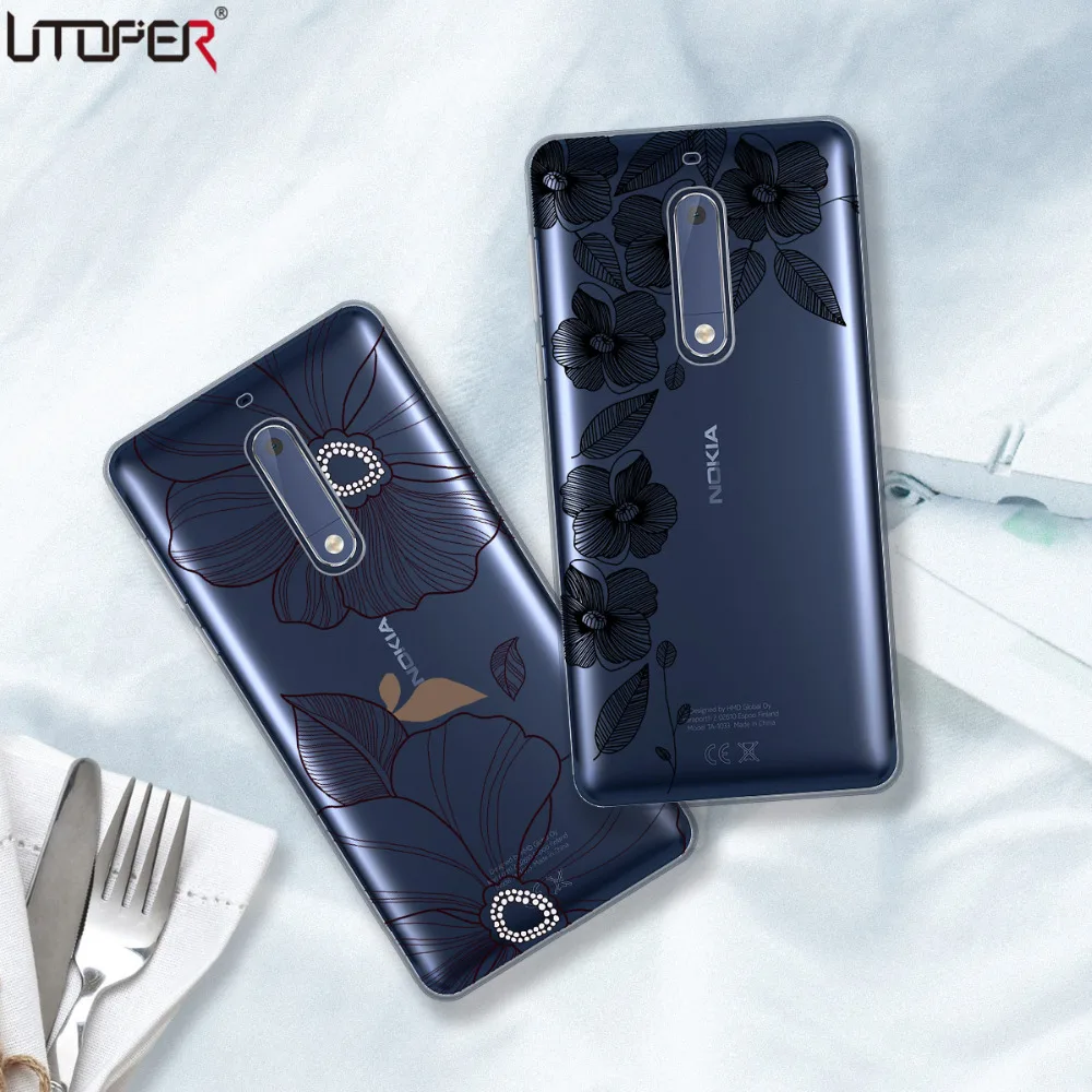 For Nokia 6 Case Silicone Soft Transparent Cover 5 Capa 3 8 TPU Black Flower Funda |