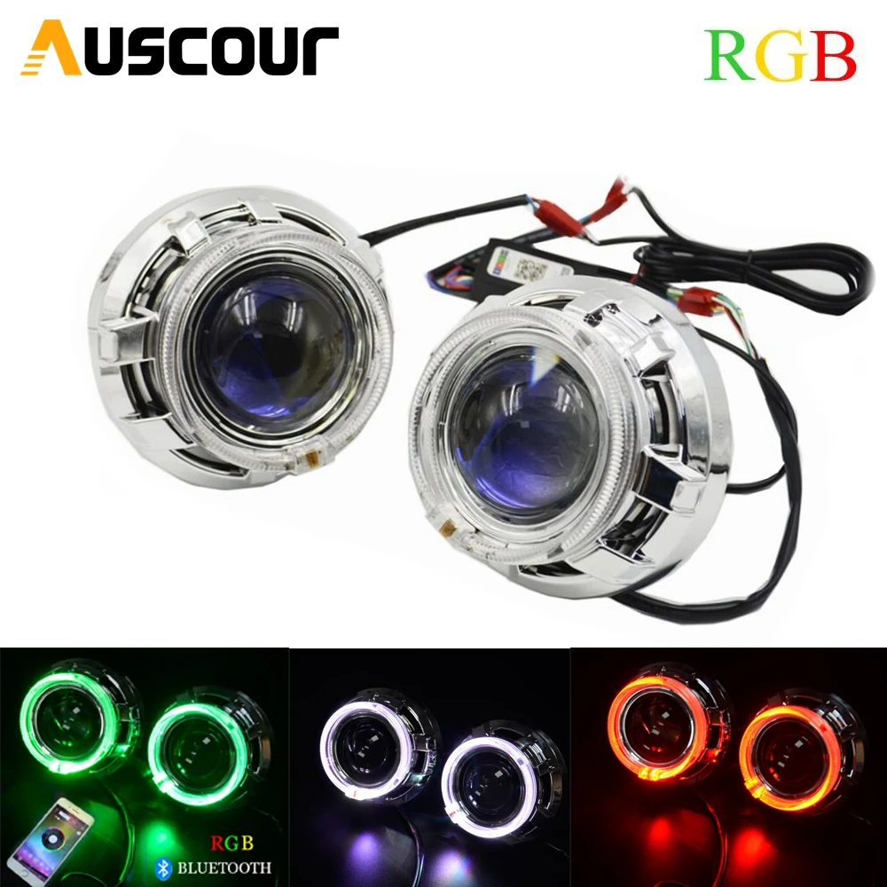 

2pcs 2.5inch Blue Coating Bixenon HID projector lend DRL RGB angel eyes white with turning yellow singal light car styling