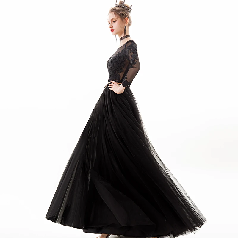 

SSYFashion New Black Evening Dress Robe De Soiree Long Sleeve Foor-length Elegant Lace Appliques Backless Party Formal Gowns