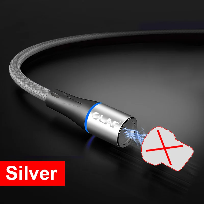 Silver cable no plug 1M LED Magnetic Cable& Micro USB Cable& USB Type C Cable Nylon Braided Type-C Magnet Charger Cable for iPhone Samsung S10 S9 - Цвет: Silver cable no plug