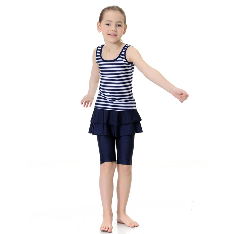 Navy blue Мусульманская купальная Одежда для девочек, Полосатый хиджаб-купальник, детский купальный костюм, пляжный купальник, исламский купальный костюм - Цвет: Navy blue