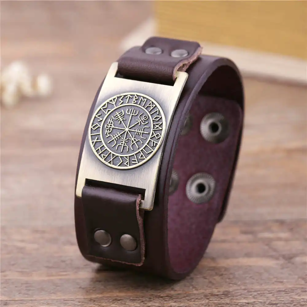 My shape, новинка, Прямая поставка, Викинг, Vegvisir, компас, подвески, браслет, нордические руны, мужские ювелирные изделия, символ Одина, кожаные браслеты - Окраска металла: Brown-Bronze