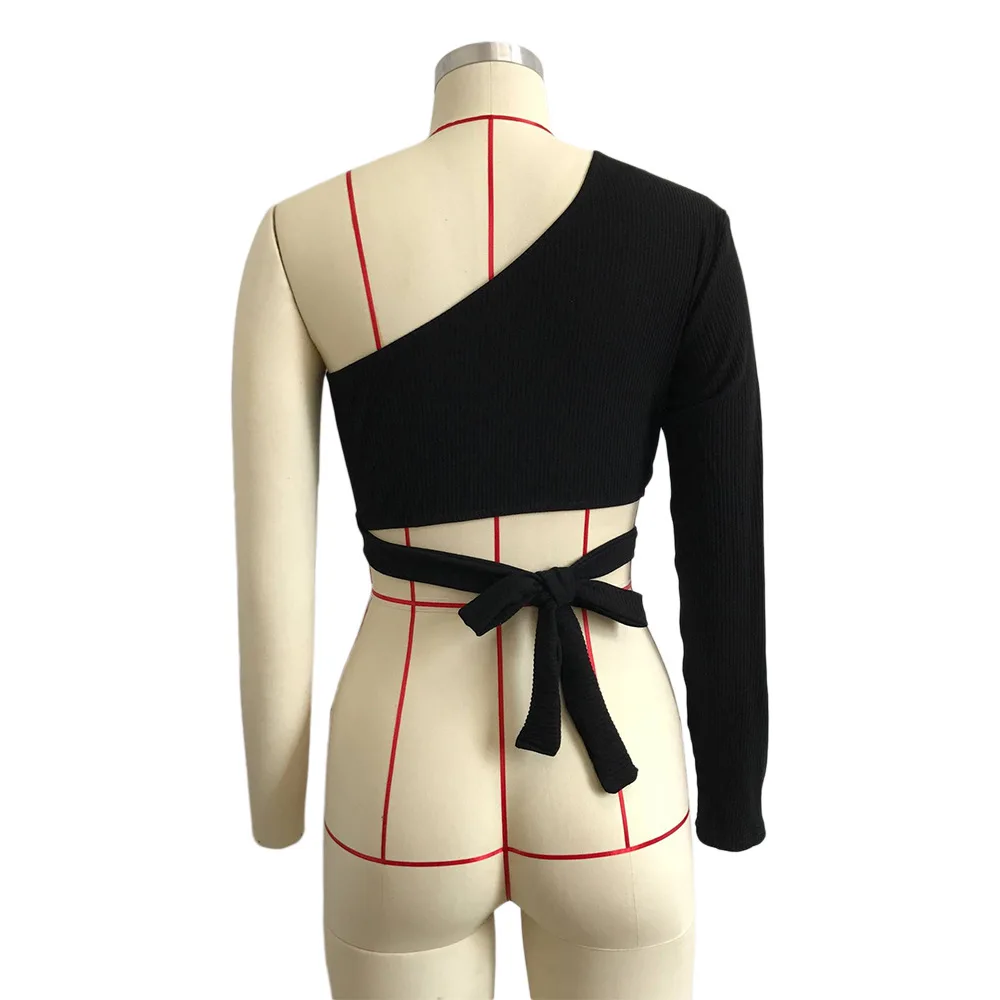 Сексуальная футболка на одно плечо женские топы с длинным рукавом кроп Топы