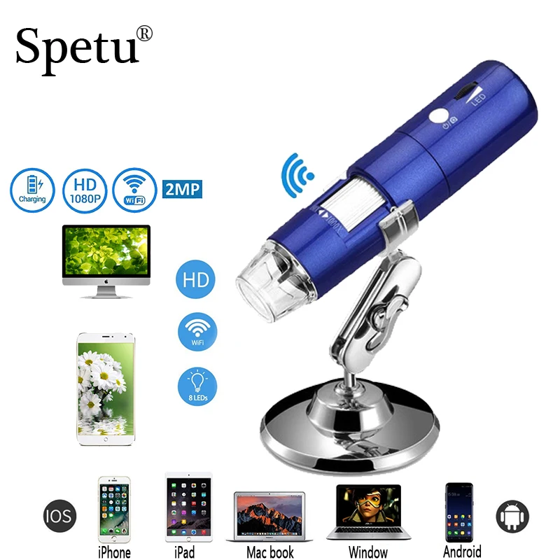 Цифровой микроскоп Spetu 1000X HD 1080P 2 Мп 3 в 1 Wi Fi зум камера 8 светодиодов Ручной USB