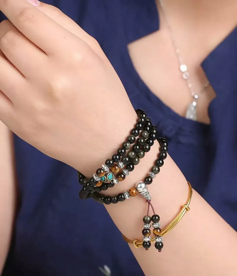 Натуральный 108 шт Радужный глаз золотой обсидиан браслет Тибетский Сивер