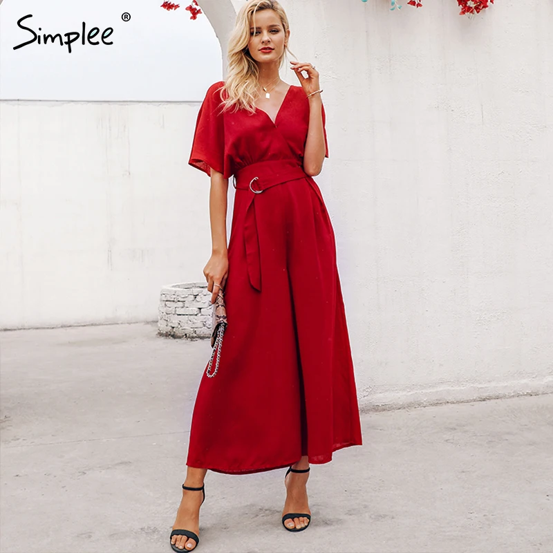 Simplee Red ruffle sleeve jumpsuit women sexy deep v neck spring 2019 Elegant sash wide leg elegant streetwear | Женская одежда