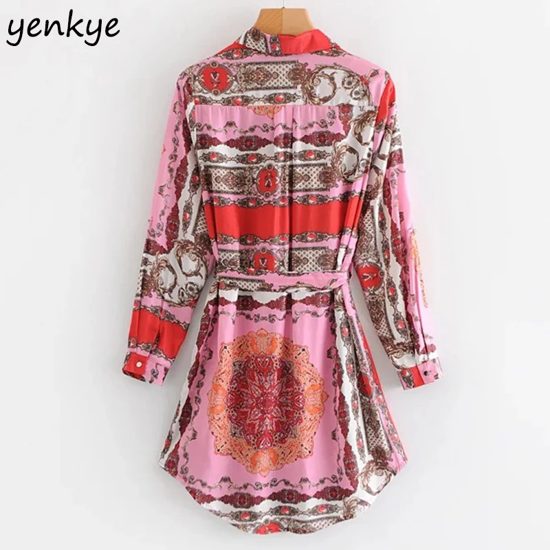 Весна 2019 женское винтажное платье-рубашка с принтом женский отложной воротник