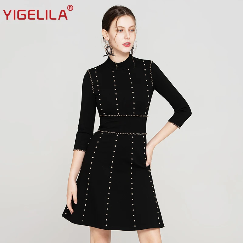 YIGELILA Fashion Women Little Black Dress Autumn Stand Neck Three Quarter Sleeve Empire Slim Knee Length Rivet Dress 64189