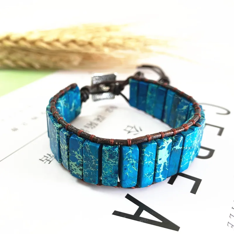 Unique Blue King Stone Bead Single Leather Wrap Bracelets Wholesale Handmade Bohemian Vintage Weaving Bracelet Wholesaler | Украшения и