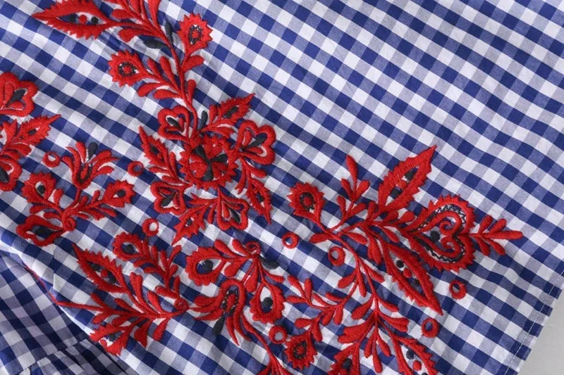 Вышивка женщины блузка рубашка Повседневная синий клетчатую рубашку цветочный