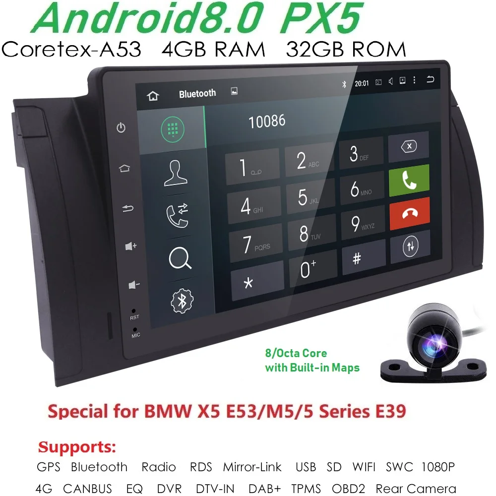 9-дюймовый Android8.0 PX5 Autoaudio для bmw E39 X5 gps-навигации 4 Gwifi BT canbus радио RDS 8 OctaCore 1024x600 obd2 dvr