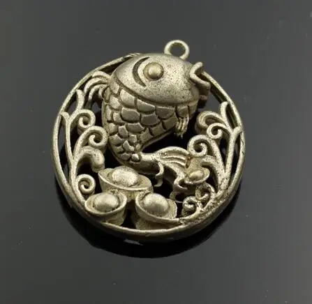 Китайская латунная двойная односторонняя резьба Лотос Карп Рыба Брелок пряжка