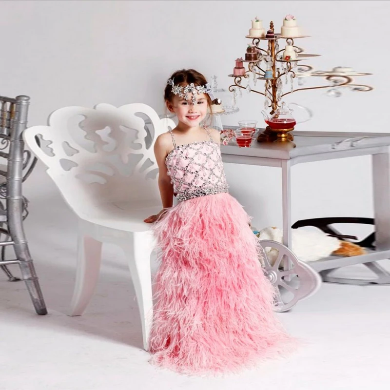 High Quality Pink Flower Girl Dresses With Crystals Beads Graduation Gown Kids Prom Dress Baby Girls Feathers A Line Custom Made | Свадьбы и