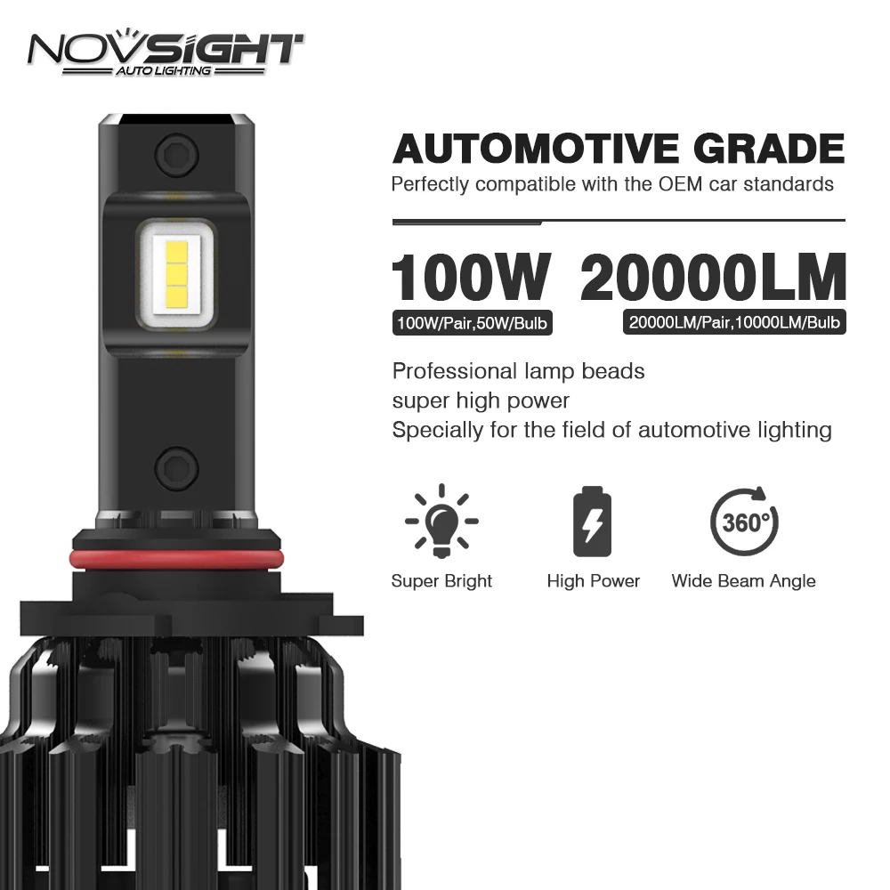 NOVSIGHT Автомобильный светодиодный фары 100 Вт 20000LM 9006 светодиодный фары лампы Противотуманные фары 6000K