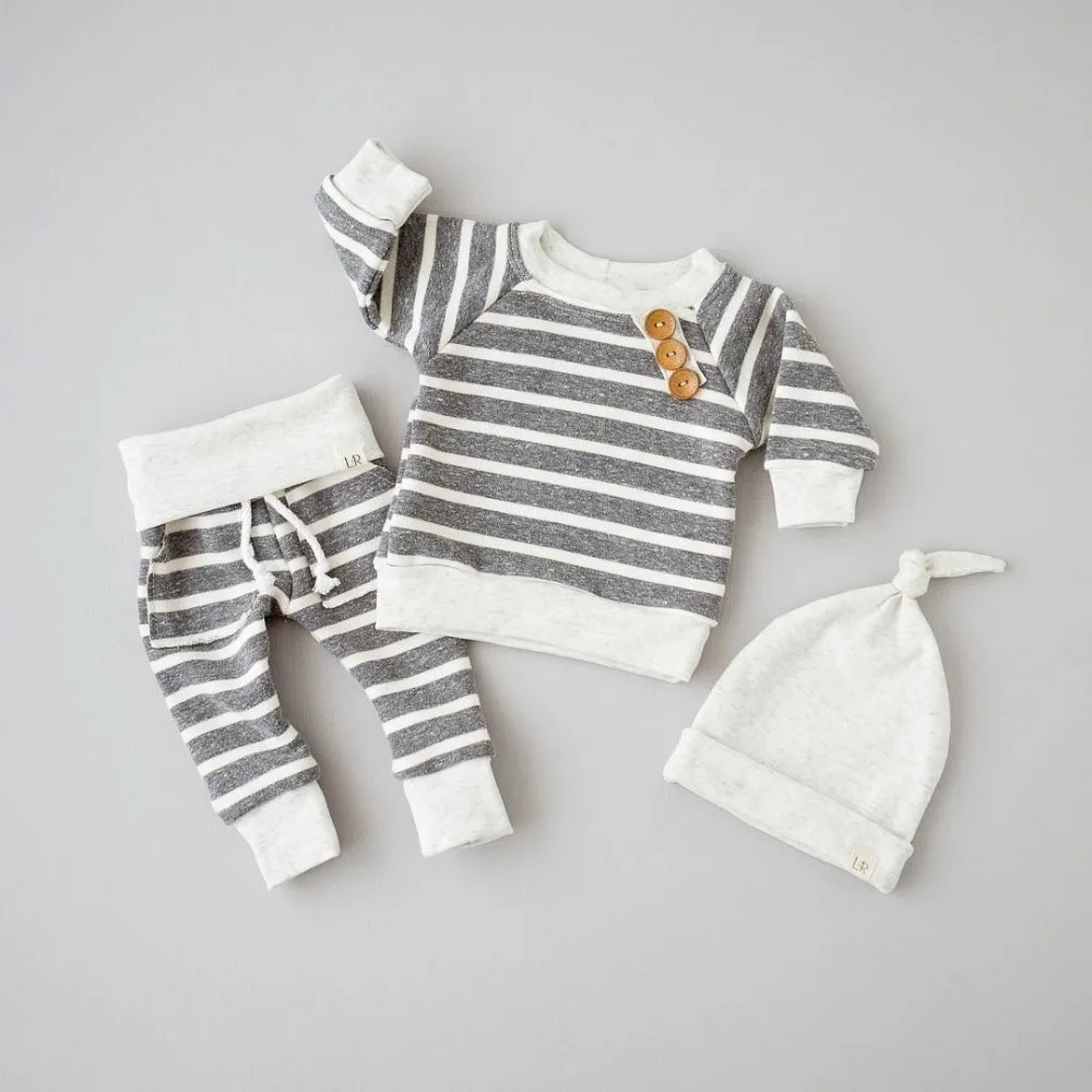 

Kid Baby Boy Clothes Set Striped Gray Long Sleeve Top+Pant+Hat 3pcs Brief Bebe Children Clothing Set