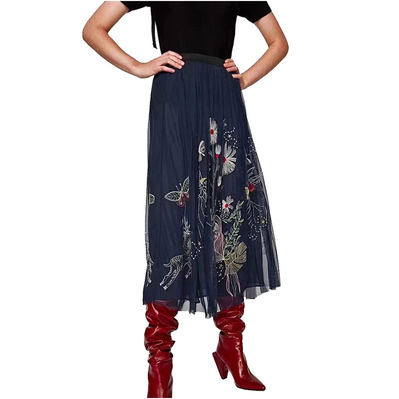 NYMPH Women Vintage Skirts 2017 Summer Boho Elegant High Waisted Floral Embroidered Mesh Overlay Midi A Line Plus Size | Женская одежда