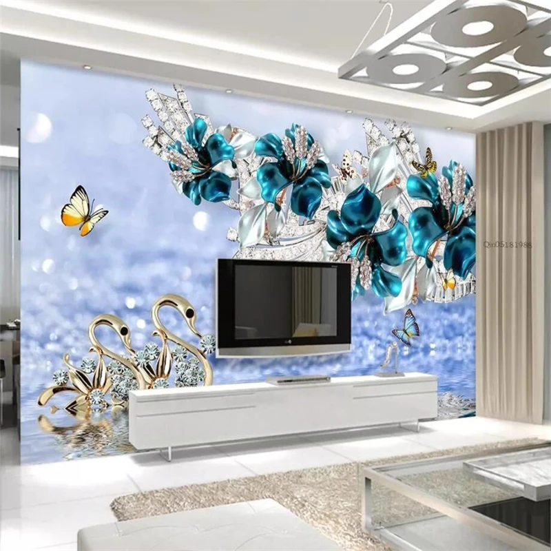 

beibehang Wallpaper mural custom living room bedroom luxury swan blue flowers water pattern jewelry mural TV background wall