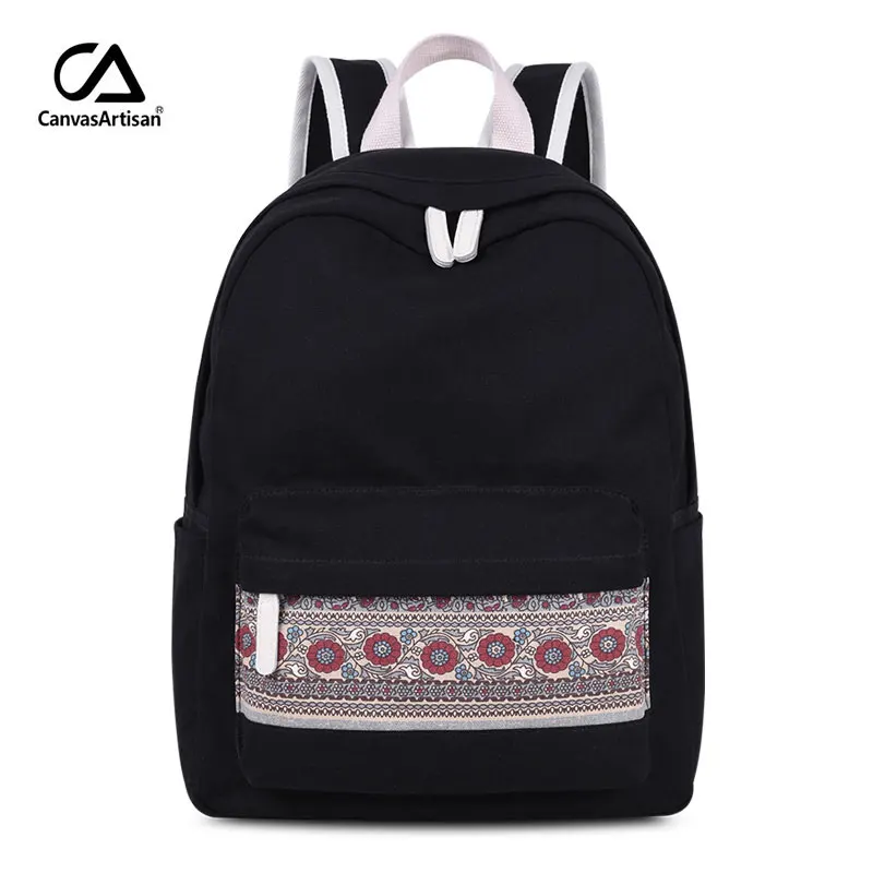 BLACK Canvasartisan женский холщовый Рюкзак Ретро Стиль повседневные дорожные Рюкзаки Сумка женская Повседневная Цветочный рюкзак для колледжа - Цвет: BLACK