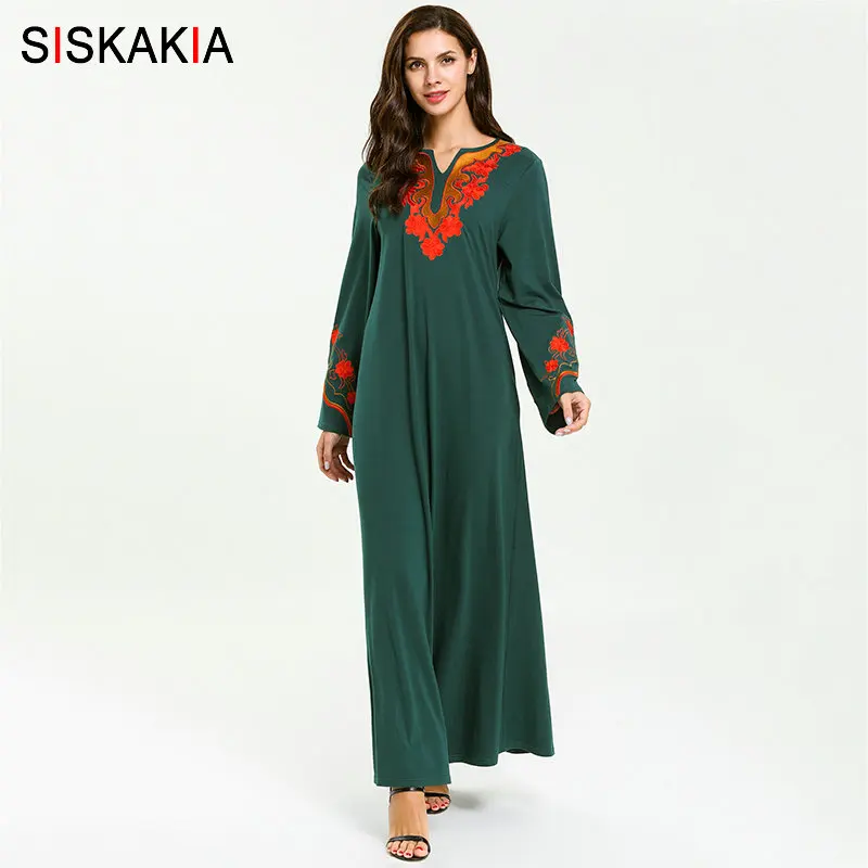 Siskakia арабское длинное платье Элегантная винтажная вышивка мусульманская одежда