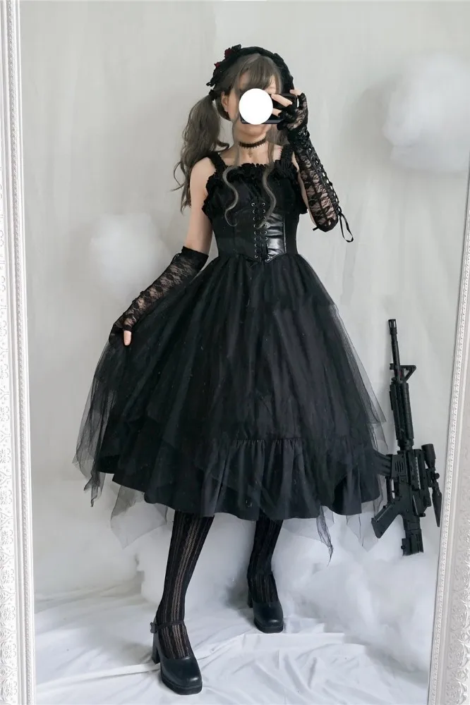 long black 3pcs Японское готическое платье лолиты JSK жилет с воланом платье без рукавов для костюмированной вечеринки винтажное платье с высокой талией костюмы для косплея - Цвет: long black 3pcs