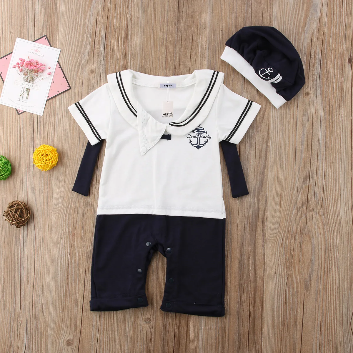 2PCS Toddler Boy Jumpsuits 0M-24m Newborn Baby Sailor Playsuit Outfit Set Romper Clothes+Hat |