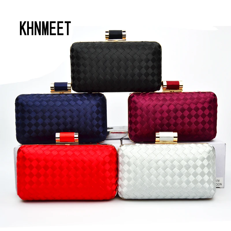 

Wine Weave Clutch Evening Bag Knitting Satin Chain Handbags for Lady Shoulder Crossbody Bag Bridal Weddinbg Purse