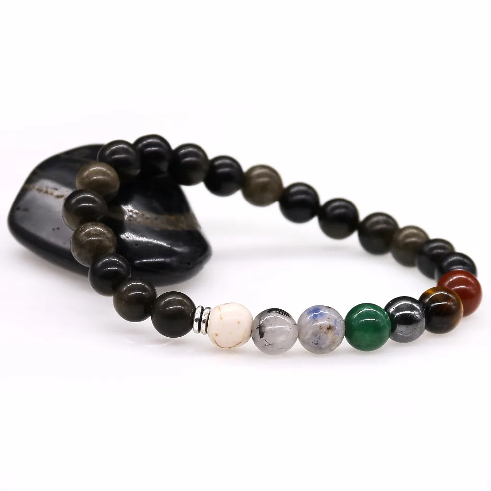 Мужские браслеты разных цветов радуги черный обсидиан 7 Чакр Исцеление баланса