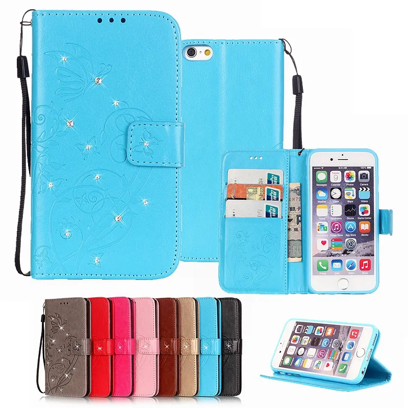 Диаманта bling Бабочка Ретро Кожа Флип Кошелек Чехол Для Телефона Fundas iphone 6 s Plus 5.5
