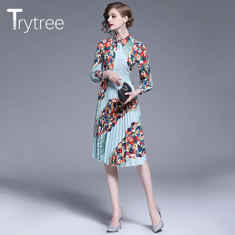 Trytree летнее осеннее платье рубашка с принтом женские платья синее отложным