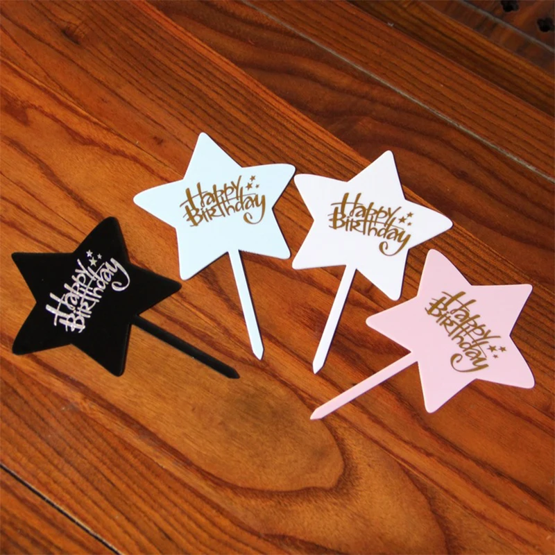 

Sale 5 pcs Acrylic Happy Birthday Party Bronzing Cake Topper Wedding Cupcake Heart Star Flag Gifts Cake Supplies