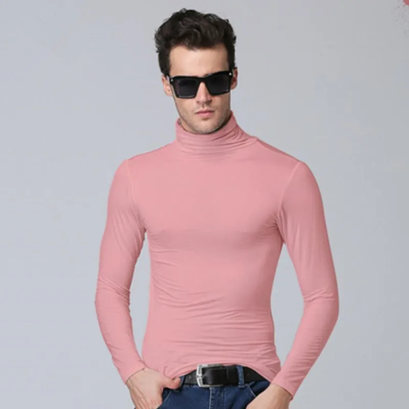 turtleneck pink Мужская футболка мужская футболка футболки с длинными рукавами Модальная Термофутболка тонкая Облегающая водолазка футболка s мужской верх одежда Весна Белый - Цвет: turtleneck pink