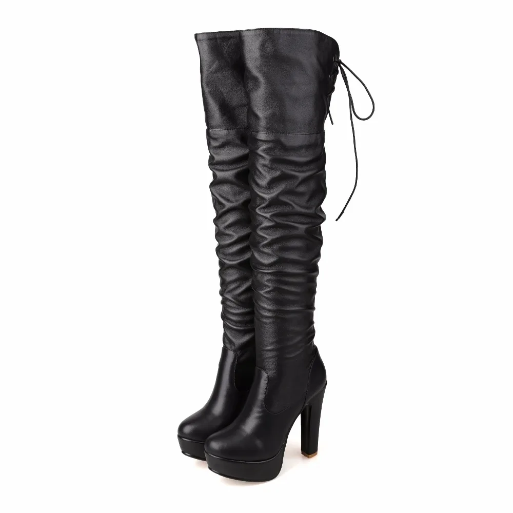 

Smirnova 2018 NEW fashion over the knee high boots thick extrem high heels with narrow band round toe women black winter boots