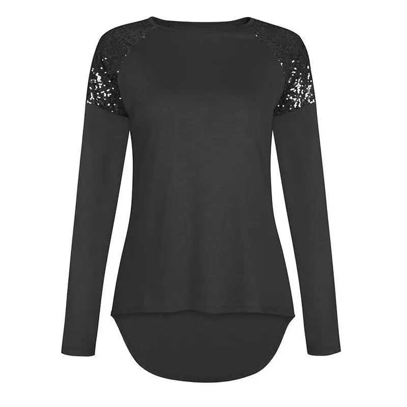 Модная Осенняя футболка для женщин топ с блестками круглый вырез Blusa длинным рукавом Женские топы женские футболки WS5024V