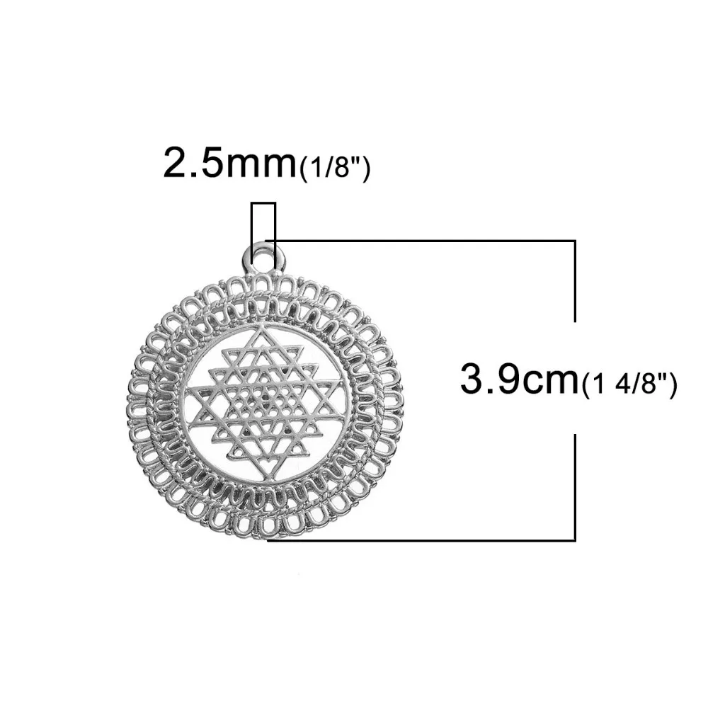 Круглые медитационные Подвески DoreenBeads из сплава цинка серебристого цвета Sri Yantra