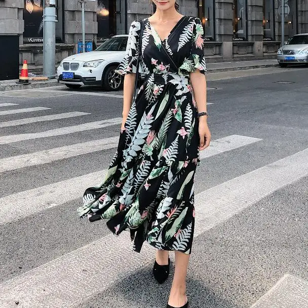 Female Summer Dress 2019 New Korean Fashion Women Short Sleeve Black Floral Print Long Chiffon Dresses | Женская одежда