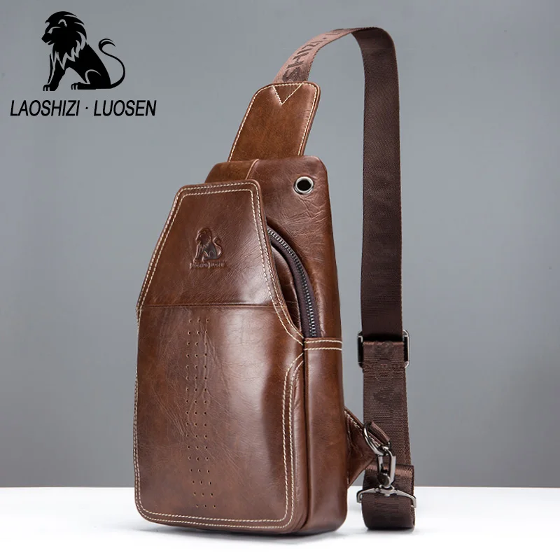 LAOSHIZI LUOSEN New Genuine Leather Men Shoulder Crossbody Bags Vintage Casual Chest Male Travel Single Strap Pack | Багаж и сумки