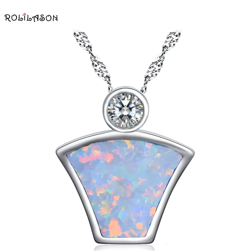 

ROLILASON Anniversary gift charm for girl white fire opal white crystal silver color Necklace Pendant Fashion Jewelry OP789