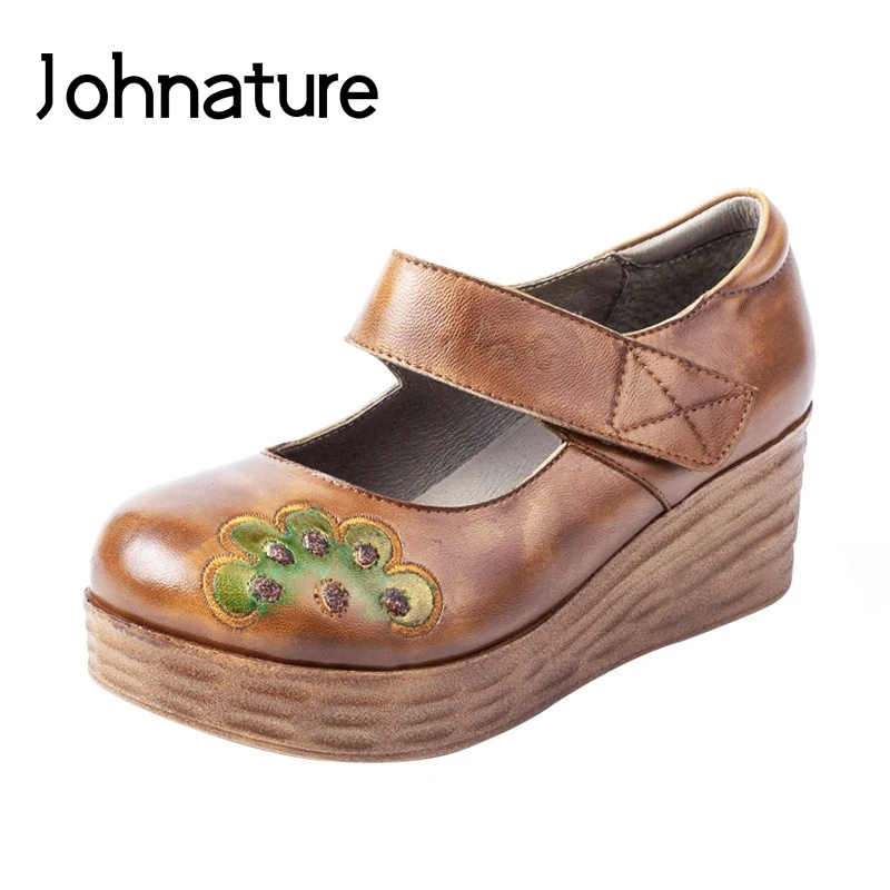 Женские туфли из натуральной кожи Johnature лодочки на танкетке с круглым носком и