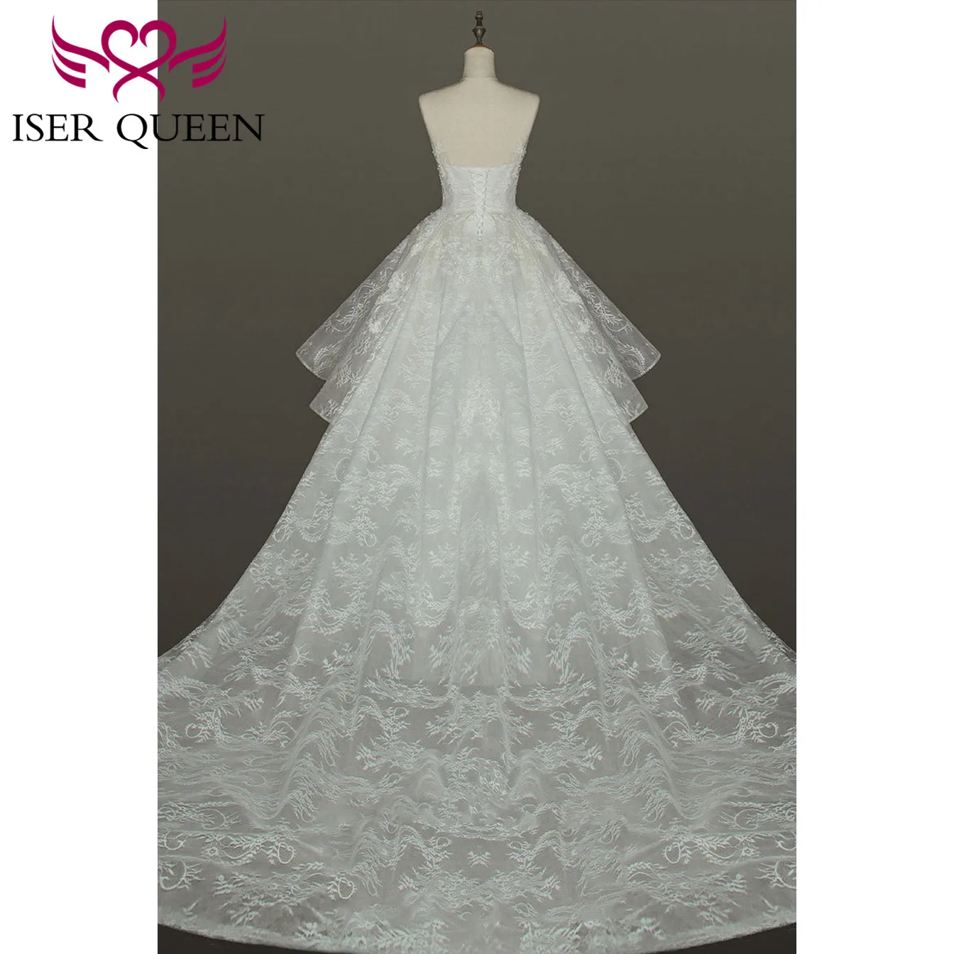 Boat Neck Delicate Illusion Embroidery Lace up Big Train Tiered Tulle Wedding Dresses Pure White A-line Ruffle Vestido WX0159