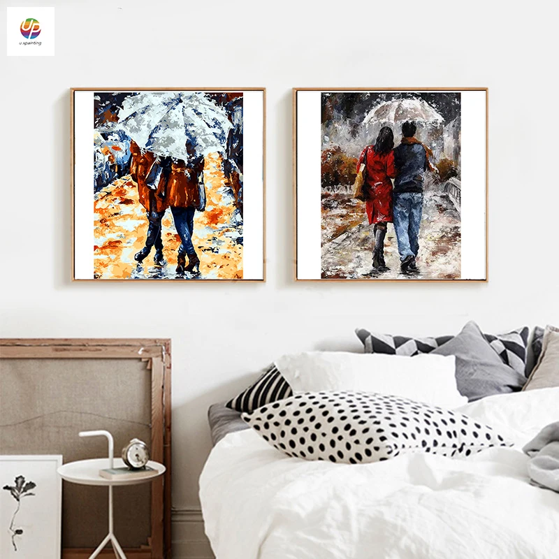 Lovers in Rain Umbrella Frameless Diy Digital Painting By Numbers Acrylic Paint Modern Wall Art Canvas For Home Decor | Дом и сад