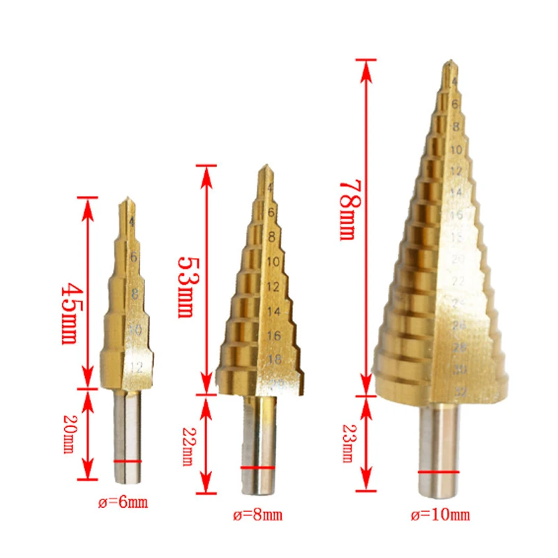 4-12mm 4-20mm 4-32mm Metric Spiral Flute/Large Step HSS Steel 4241 Cone Titanium Coated Drill Bits Cut Tool Set Hole Cutter